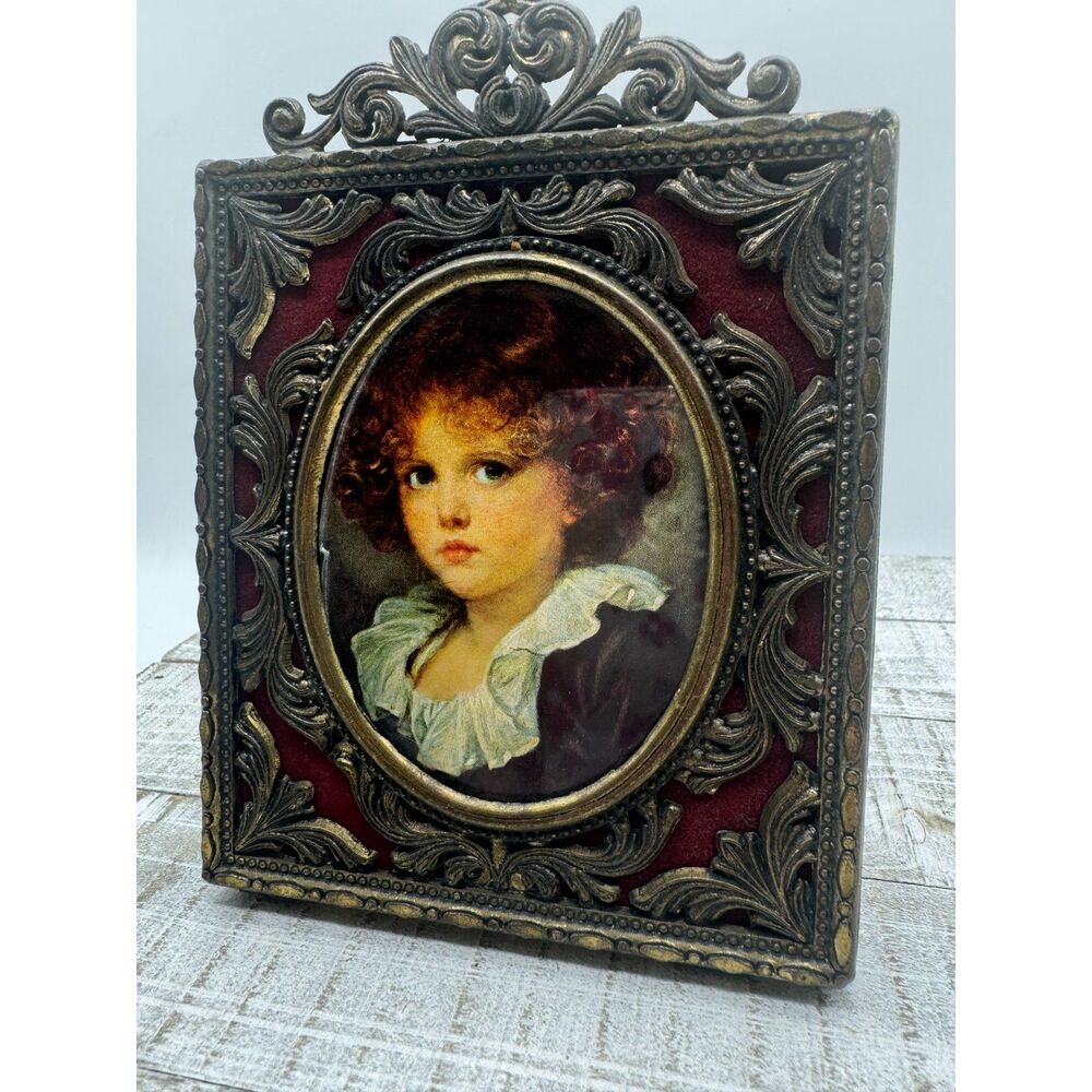 Ornate Metal Portrait Picture Frame Bronze Tone & Burgundy Vintage Made in Italy